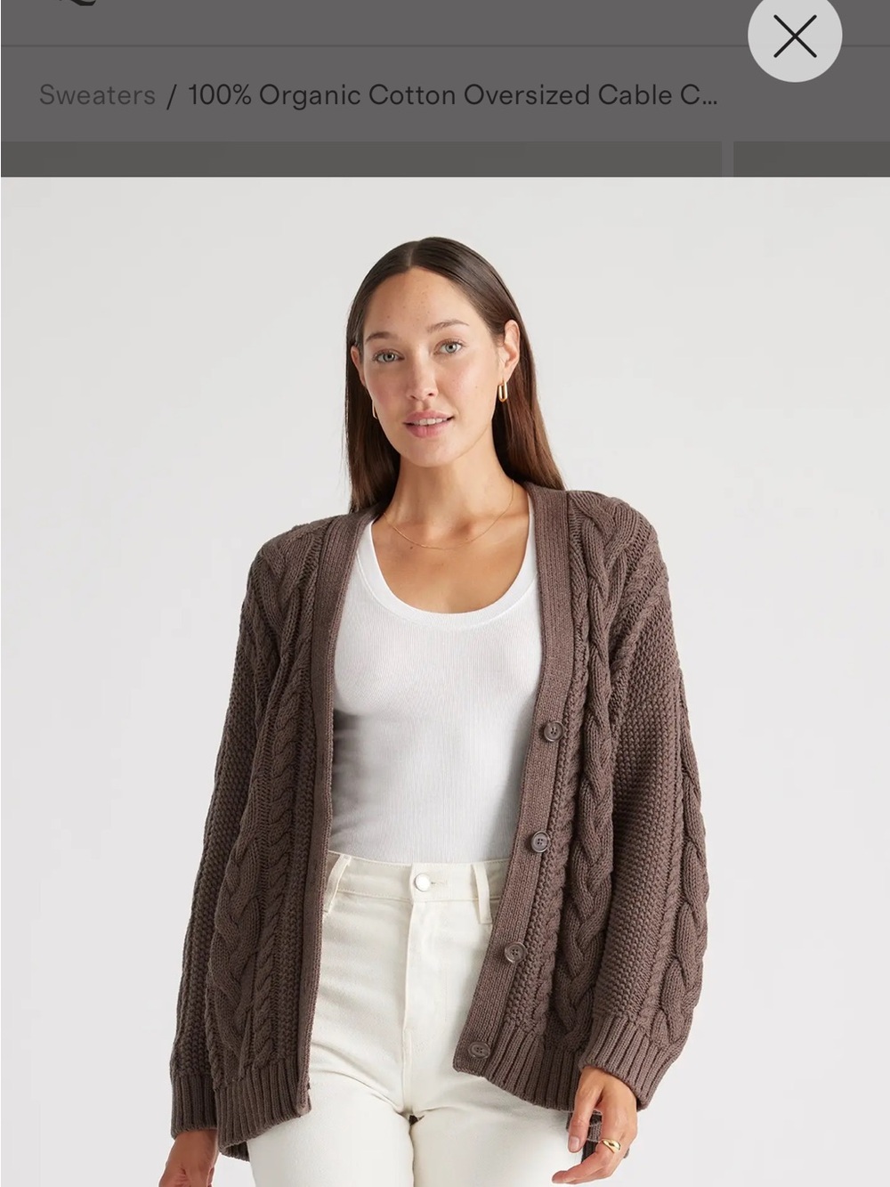 Quince Brown Cable Knit Button-Front Cardigan, cotton L